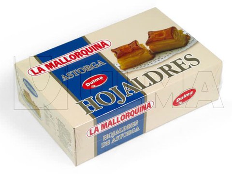 La Mallorquina pastry box packaging in flow pack (hffs) with shrink film