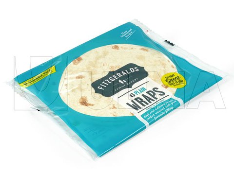 Reclosable pack with adhesive strip for tortillas in flow pack (hffs) and modified atmosphere