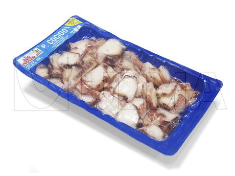 Frozen boiled octopus packaging in thermoforming in skin pack