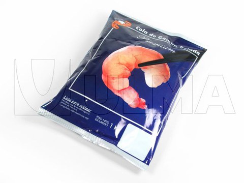 Frozen shrimps packaging in vertical machine (VFFS) in pillow pack.