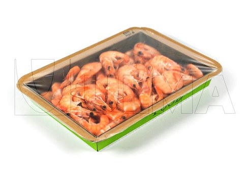 Prawns and shrimps packaging in traysealing with cardboard tray