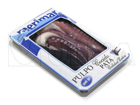 Boiled octopus packaging in thermoforming skin pack