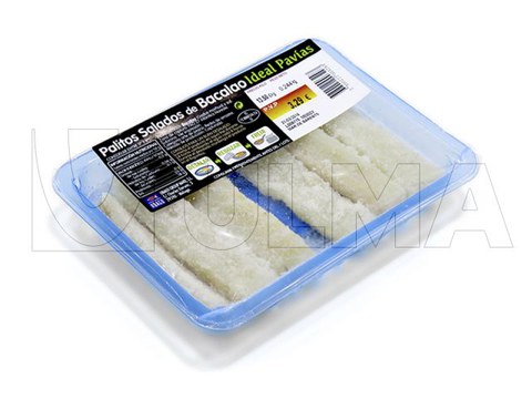 Frozen salted codfish fingers packaging in traysealing