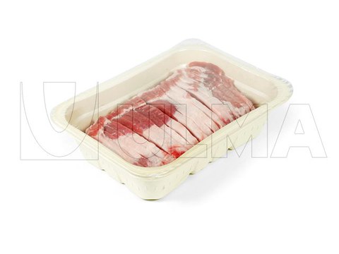 Meat fillets packaging in traysealing with celullose tray