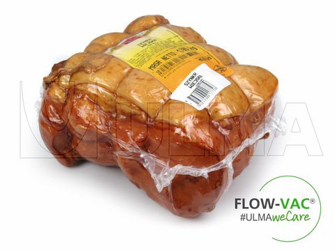 Processed meat packaging in flow vac wrapper