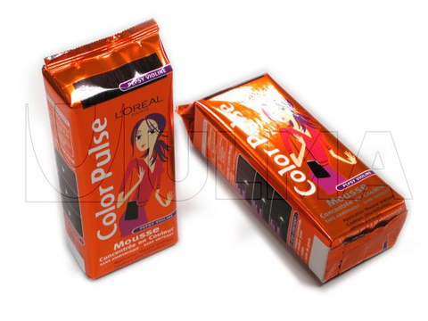 Hair dye box packaging in flow pack wrapper (HFFS)