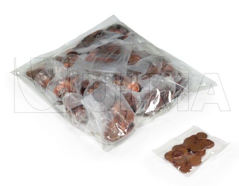 Coins and packs packaging in vertical in LDPE film.