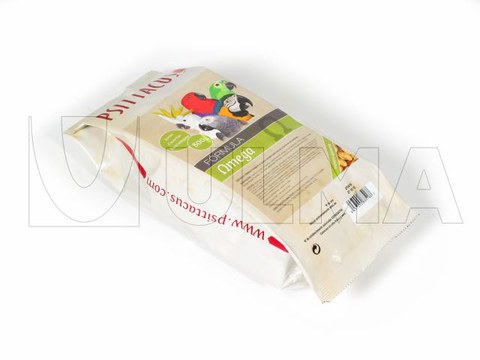 Bird seed packaging in VFFS in flat bottom pack with lateral seal.