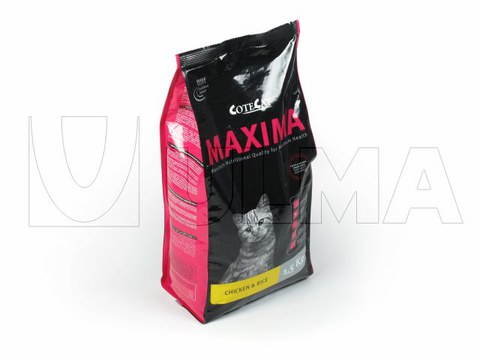 Pet food packaging in VFFS machine in flat bottom pack with 4 edge seals.