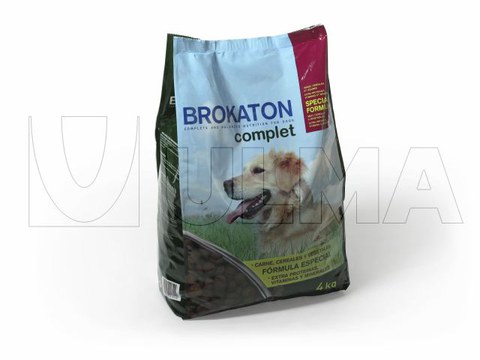 Petfood packing in flat bottom pack with 4 edge seal in laminated film.