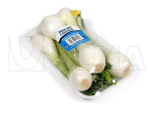Spring onions tray packaging in stretch film