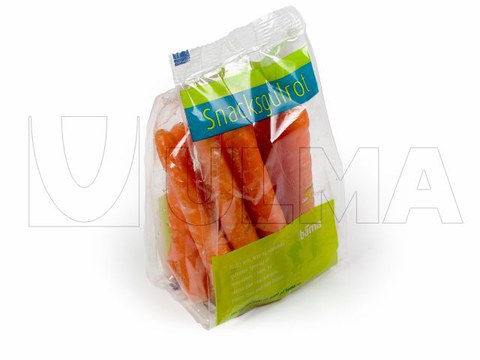 Baby carrots packaging in vertical machine (VFFS) in steady flat bottom pack with 4 edge seal.