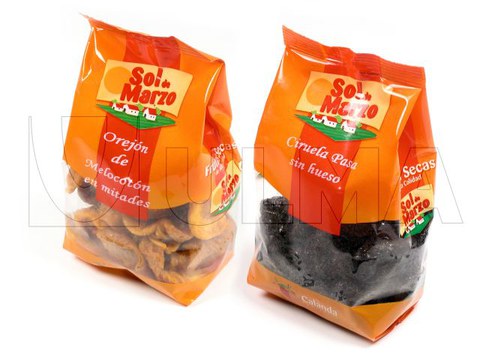Dry fruits packaging such as prunes, dates, apricots... in flat bottom pack and laminated film.