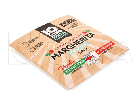 Pizza packaging in flow pack (hffs) with paper ovenable film
